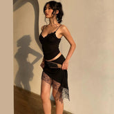 Black Embroidered Crop Top and Irregular Lace Hem Midi Skirt Set