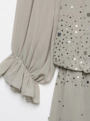 Grey Off Shoulder Ruffle Sequin Drawstring Waist Mini Dress