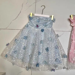 Sequins Strapless 3D Flowers Mini Dress
