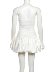 White Puff Strapless Flower Print Mini Dress
