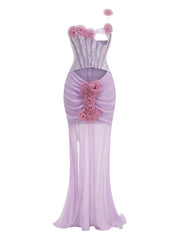 Purple 3d Flower Strapless Slit Cut Out Mesh Maxi Dress
