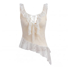 Lace Ruffle Tie Up Strap Top