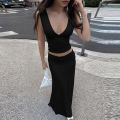 Deep V-Neck Sleeveless Ruched Top And Long Skirt Set