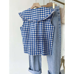 Blue Plaid Ruffled Sleeveless Shirt