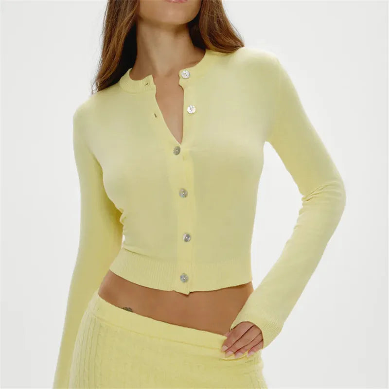 Woman wearing a light yellow cardigan