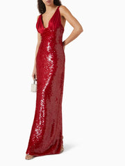 Red Deep V-Neck Sequin Long Dress
