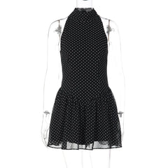 Black Polka Dot Chiffon Print High Neck Mini Dress