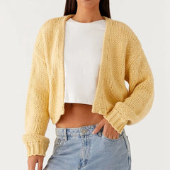 Knitted Short Lantern Sleeve Open Front Cardigan