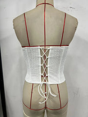 White Pleated Texture Lace Up Strapless Corset Top