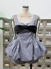 Polka Dot Bow Embellished Bubble Hem Mini Dress With Shorts
