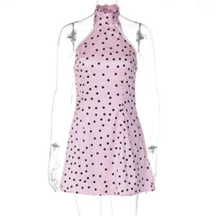 Pink Polka Dot Satin Halter Mini Dress