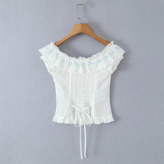White Ruched Off-Shoulder Smocked Tie Up Top