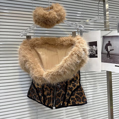 Leopard Print Sequin Fishbone Tank Top And Plush Short Skirt Set