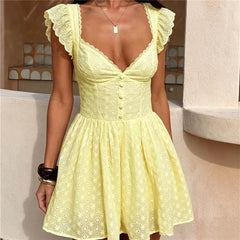 Eyelet Embroidery V-Neck Ruffle Cap Sleeve Mini Dress