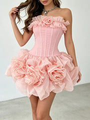 Strapless Patchwork Floral Ruffle Mini Dress
