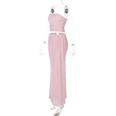 Pink Strapless Top Bandage Maxi Skirt Set