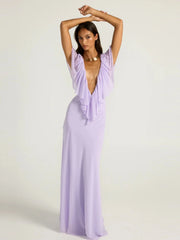 Purple Ruffle Neck Mesh Maxi Dress