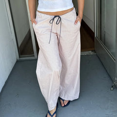 Striped Pattern Loose Drawstring Wide Leg Pants