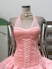 Halter Neck Mesh Patchwork Puff Mini Dress