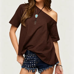 Off Shoulder Short Sleeve Distressed Tee