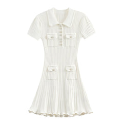 Polo Knitted Short Sleeve Single Breasted Flower Button Mini Dress