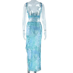 Sheer Printed V-neck Crop Top And Frill Slit Midi Skirt Set