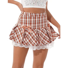 Bow Trim Plaid Ruffle Hem Pleated Mini Skirt