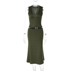 Lace Trim V-neck Tank Top And Midi Skirt Set