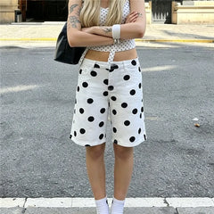 White Polka Dot Denim Bermuda Shorts
