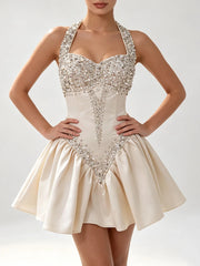 Diamond Beaded Tie-Up Neck A-Line Mini Dress