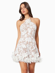 Halter Neck Embroidery Flowers Mini Dress