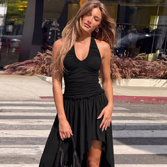 Brown Ruched Halter Midi Dress