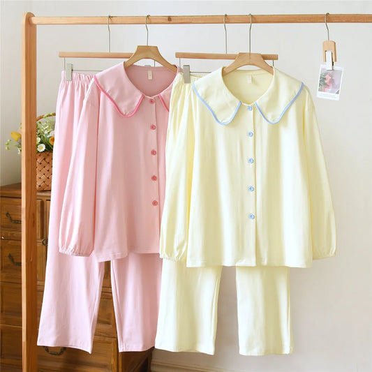 Cotton Doll Collar Shirt And Pants Pajama Sets