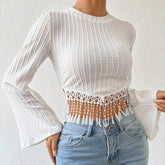 White Long Sleeve Tassel Trim Crop Top