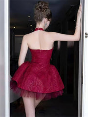 Red Jacquard Puffy Halter Mini Dress