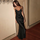 Satin Rhinestone Desgin Strappy Frill Midi Dress