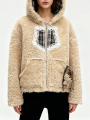 Gingham Teddy Hooded Patchwork Jacket