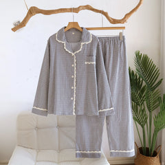 Lace Trim Plaid Long Sleeve Shirt And Pants Two Piece Sleepwear Set