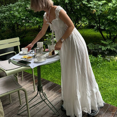 White Ruffle Trim Tie-up Square Neck Sleeveless Long Dress