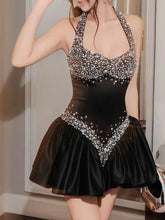 Diamond Beaded Tie-Up Neck A-Line Mini Dress