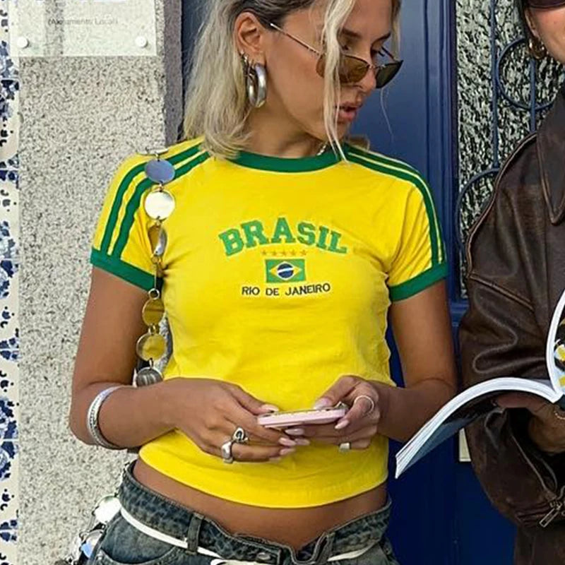 Women's Brazil flag graphic O-neck short-sleeved crop top.