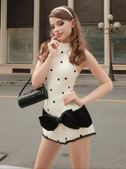 White Polka Dot Print Bow Desgin Mini Dress