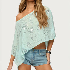 Sequin One Shoulder Sheer Poncho Top