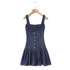Blue Button Square Neck Sleeveless Mini Dress - A-Line Fit