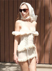 Ruffle Strap Lace Up Mesh Mini Bodycon Dress