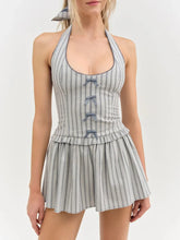Grey Striped Halter Neck Patchwork Bow Mini Dress