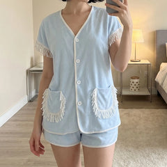 Button‑Down Short Sleeve Tassel Fringe Pocket Top And Shorts Loungewear Set
