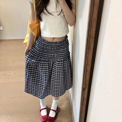 Blue Elastic High Waist Plaid Skirt - Casual A-Line