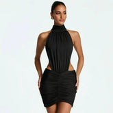 Bodycon Ruched Open-Back High-Neck Mini Dress