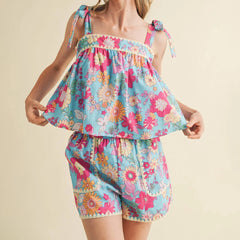 Floral Print Sleeveless Tie Up Tops with Shorts Sleepwear Set